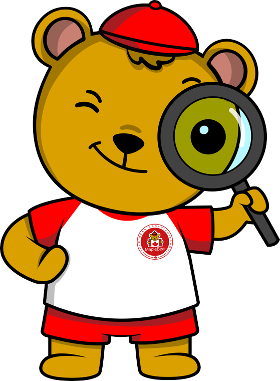 Chinook, o mascote Maple Bear, investigando com uma lupa