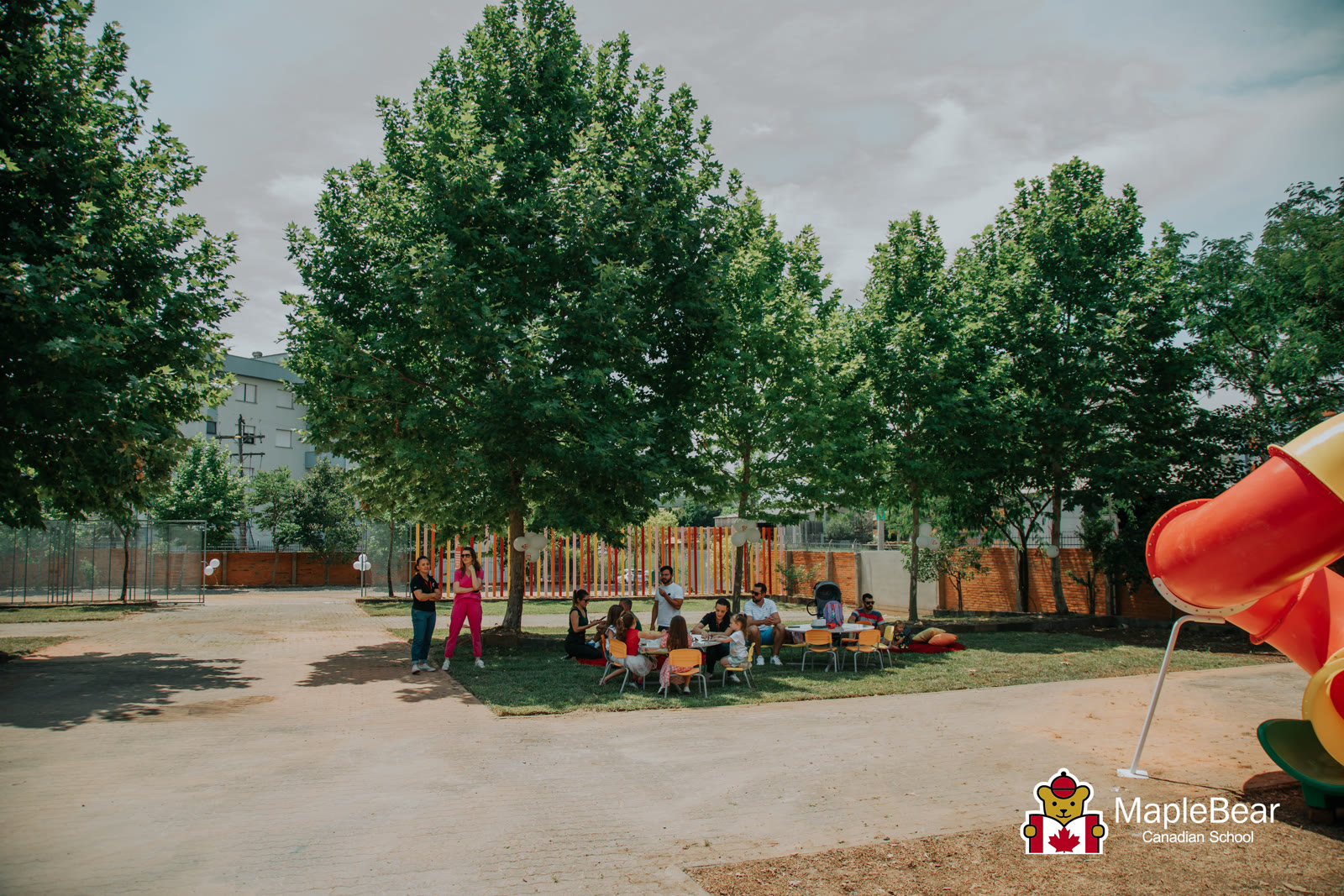 Evento ao ar livre sob as árvores no pátio da escola
