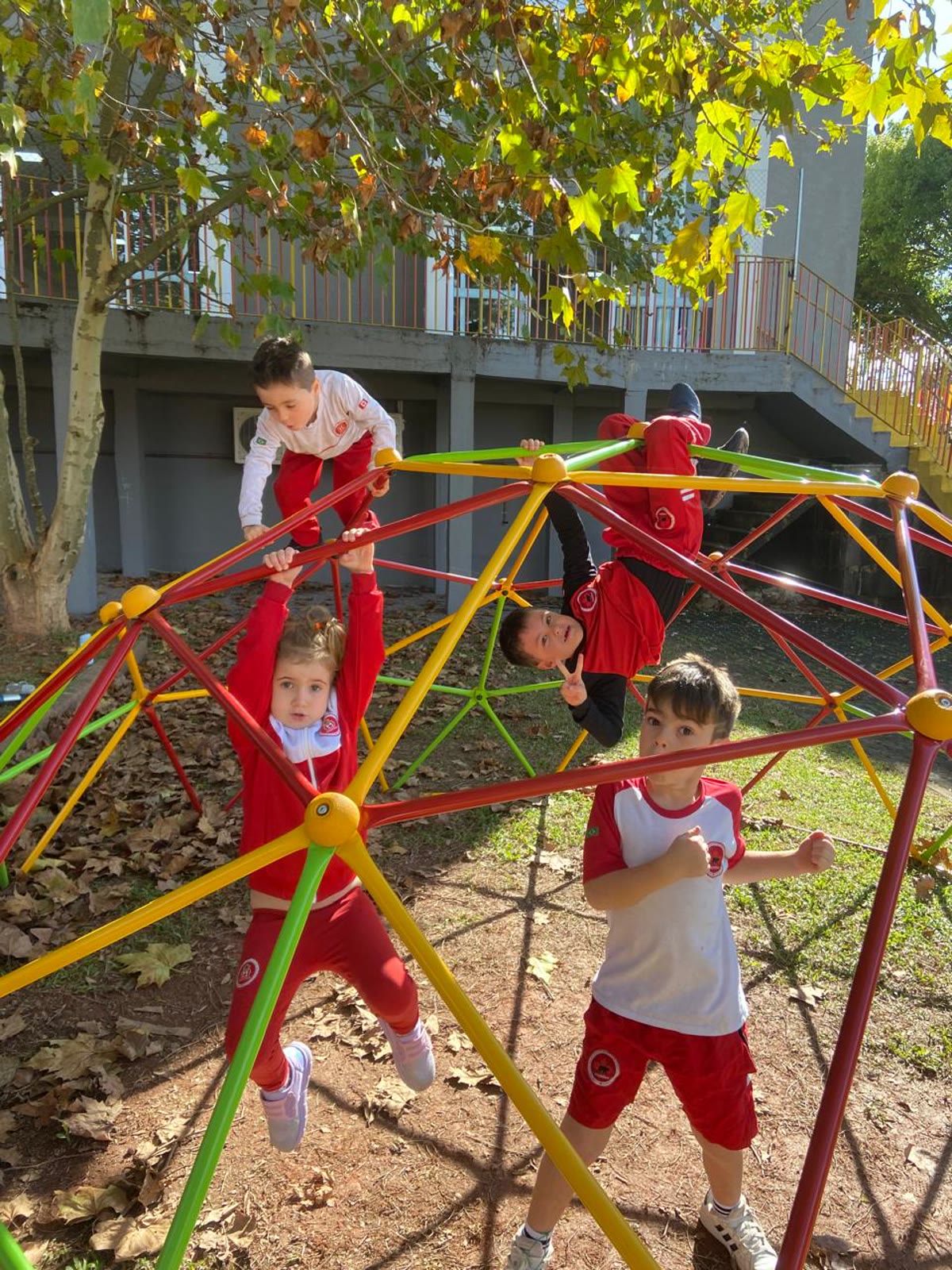 Crianças brincando na cúpula de escalada do parque externo